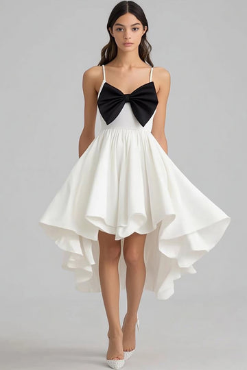 White A Line High-Low Graduation Dress with Bow